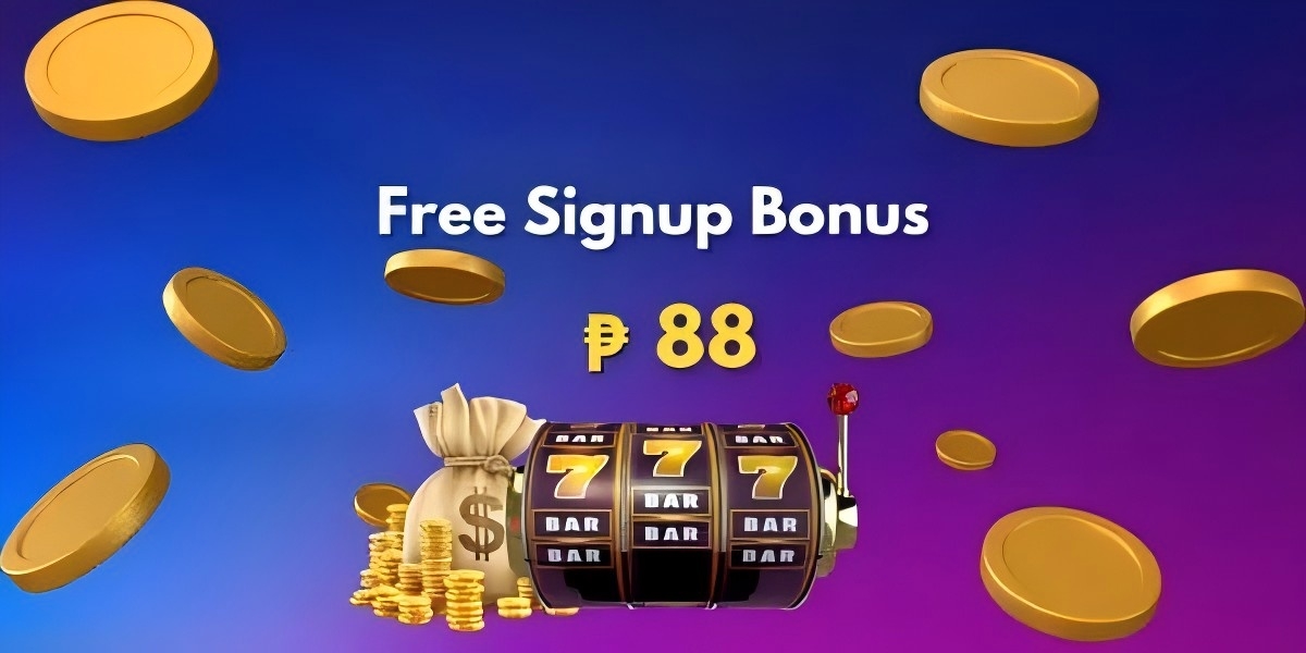 Welcome banner with gold coins, slot reels and a bonus claim badge